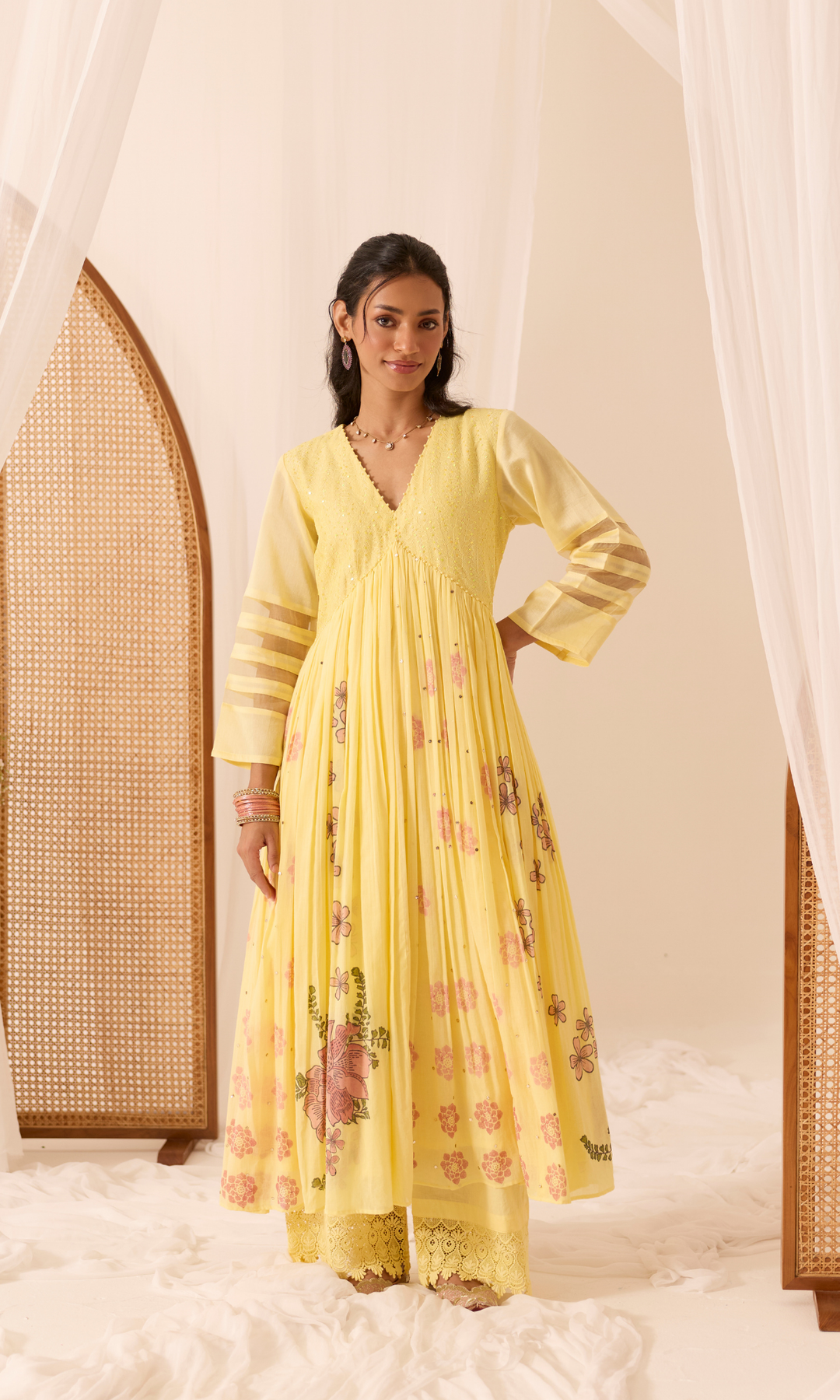 Aina Set- Chanderi & Mulmul Printed Floral Anarkali (set of 3)