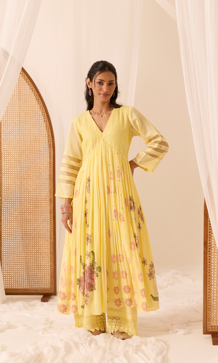 Aina Set- Chanderi & Mulmul Printed Floral Anarkali (set of 3)