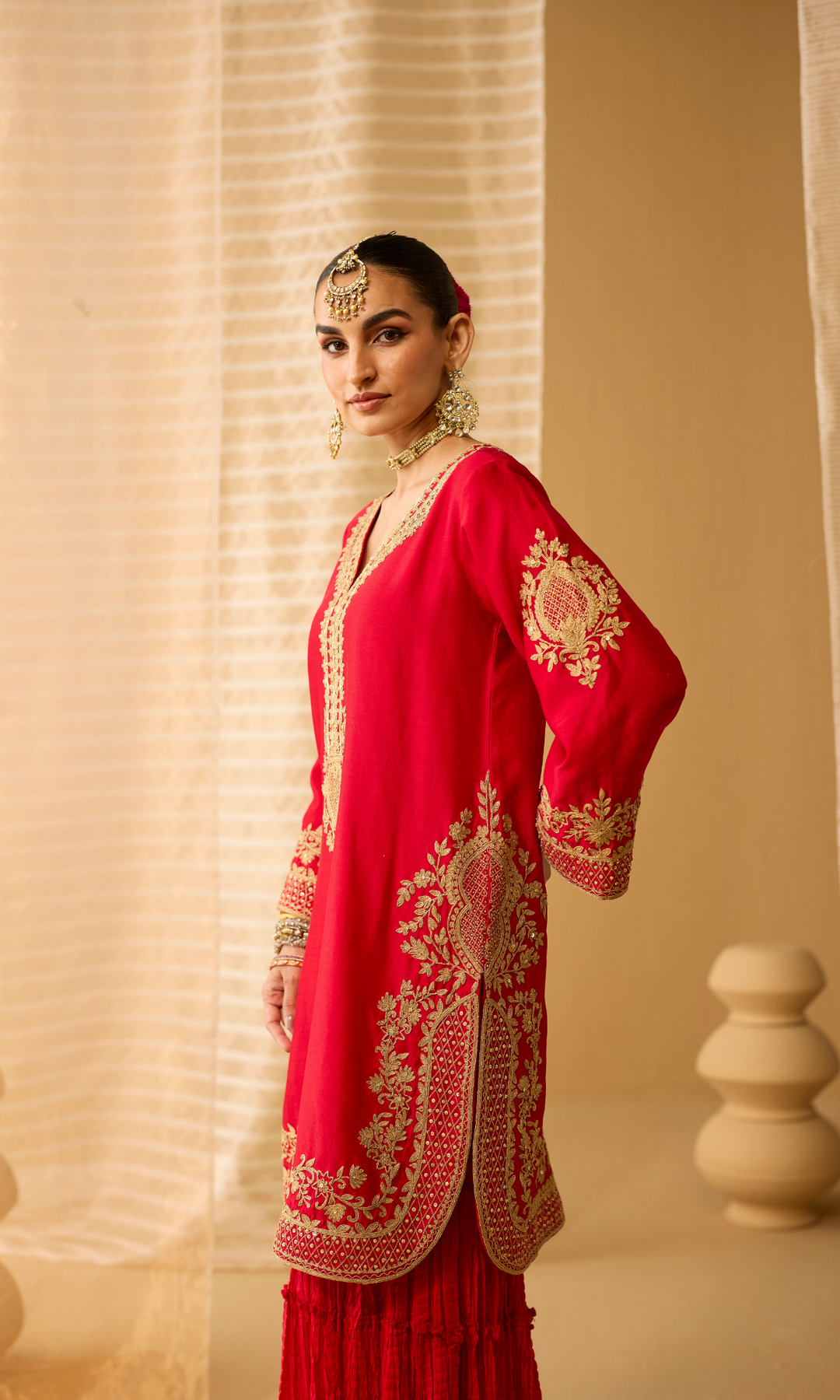 Mahira Set- Chanderi Embroidered Kurta with Sharara and Applique Dupatta (set of 3)