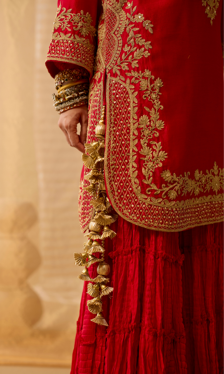 Mahira Set- Chanderi Embroidered Kurta with Sharara and Applique Dupatta (set of 3)