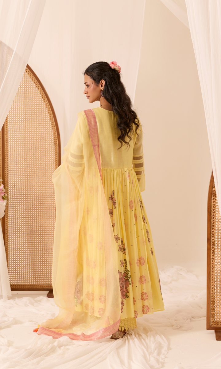 Aina Set- Chanderi & Mulmul Printed Floral Anarkali (set of 3)