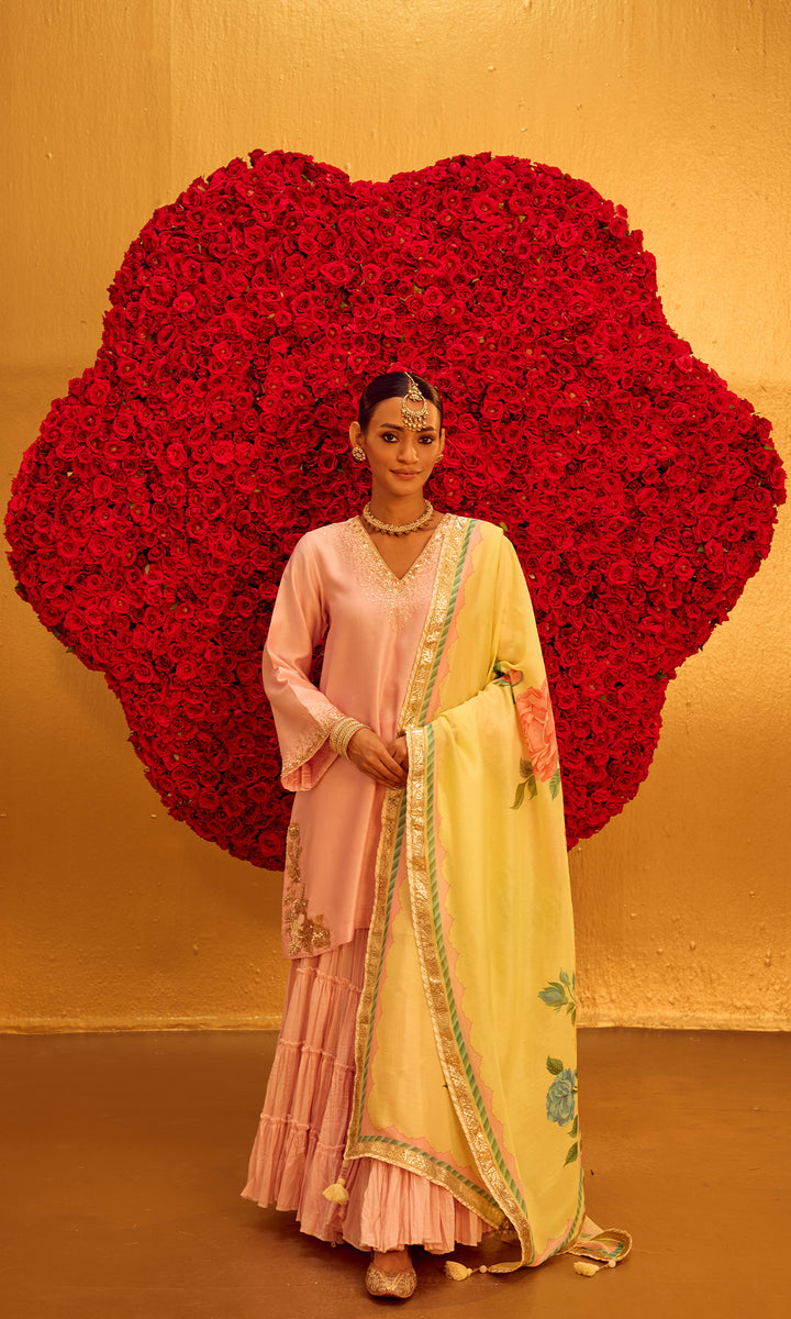 Safina Set- Pastel Pink & lemon Chanderi Embroidered Double Layered Sharara Set (Set of 3)