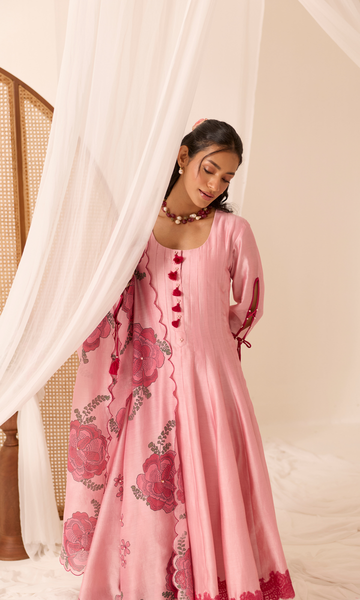 Adah Set- Chanderi Block Printed Floral Anarkali (set of 3)