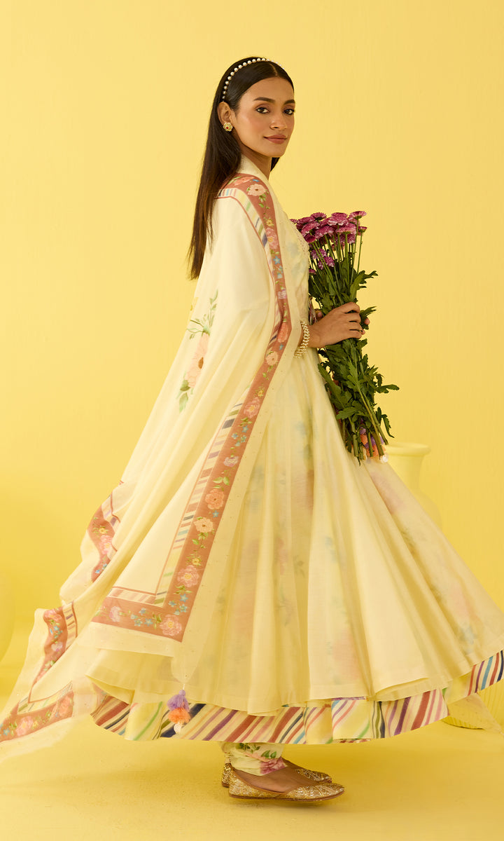 Parisa Set- Chanderi hand embroidered anarkali with printed churidar and dupatta (set of 3)