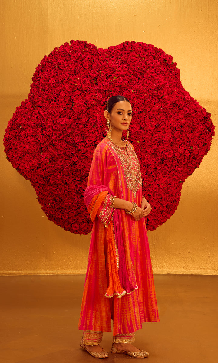 Yusra Set- Pink & Orange Chanderi Shibori Embroidered Kurta with Pants and Dupatta (set of 3)