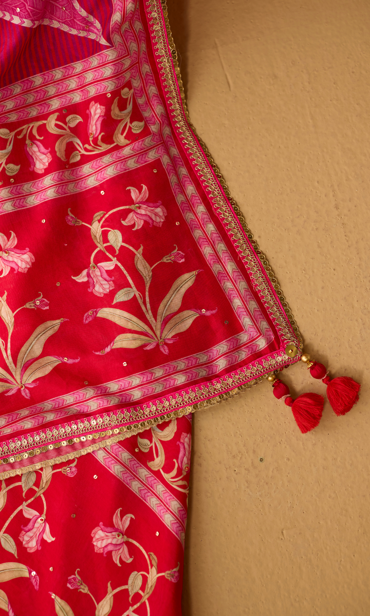 Parisa Set- Chanderi Embroidered Kurta with Sharara and Floral Dupatta (set of 3)