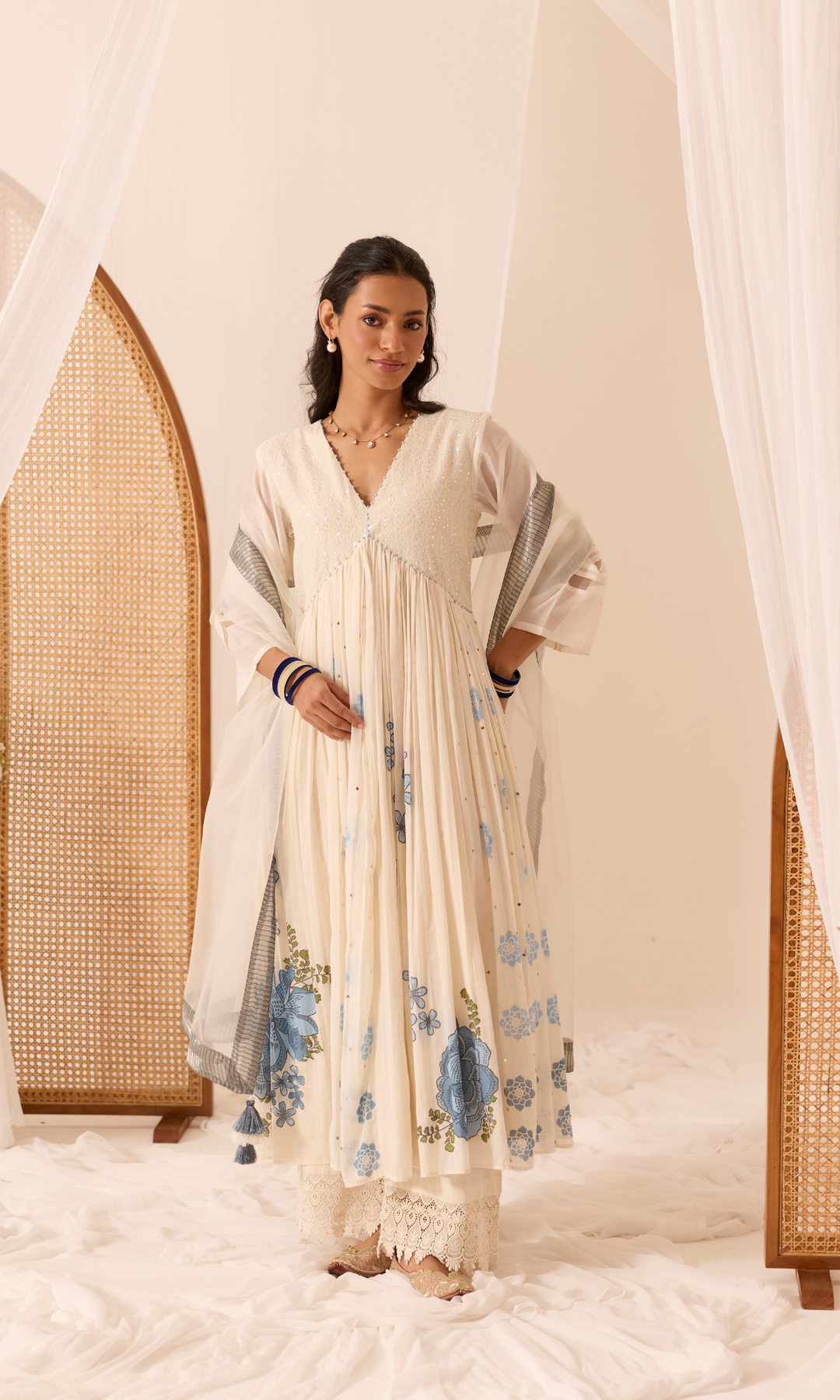 Aina Set- Chanderi & Mulmul Printed Floral Anarkali (set of 3)
