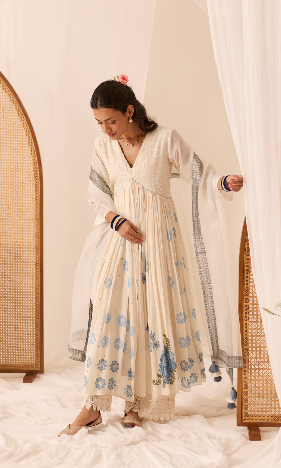 Aina Set- Chanderi & Mulmul Printed Floral Anarkali (set of 3)