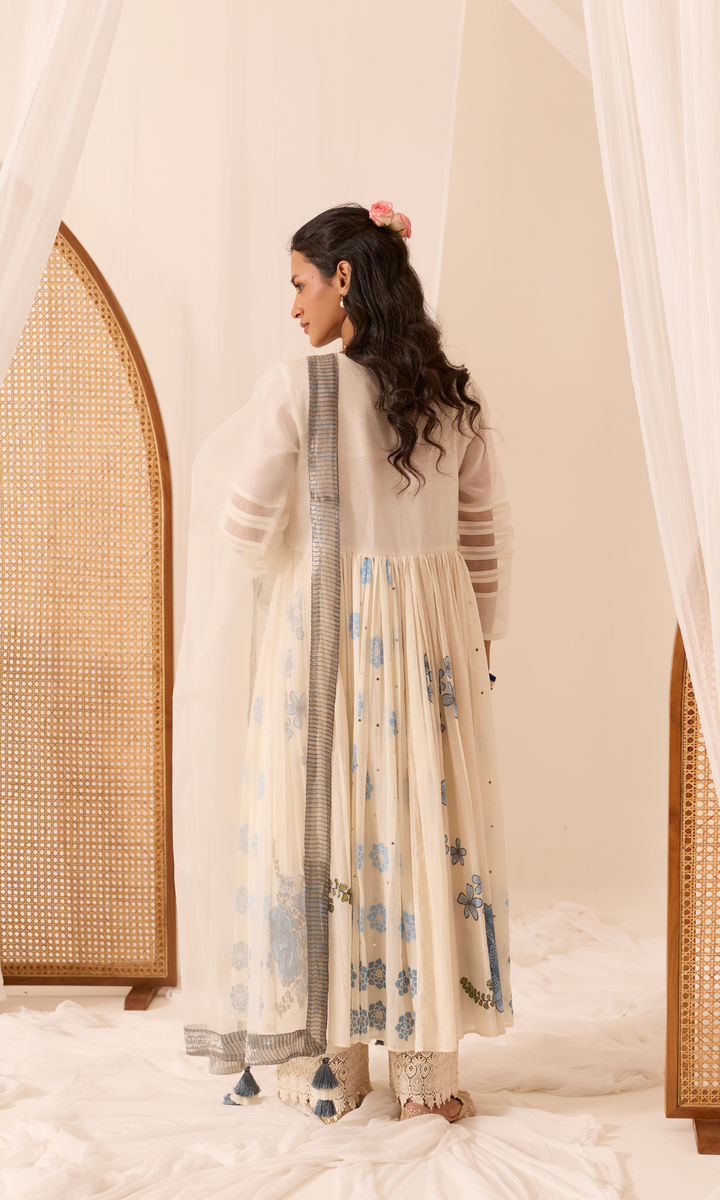 Aina Set- Chanderi & Mulmul Printed Floral Anarkali (set of 3)