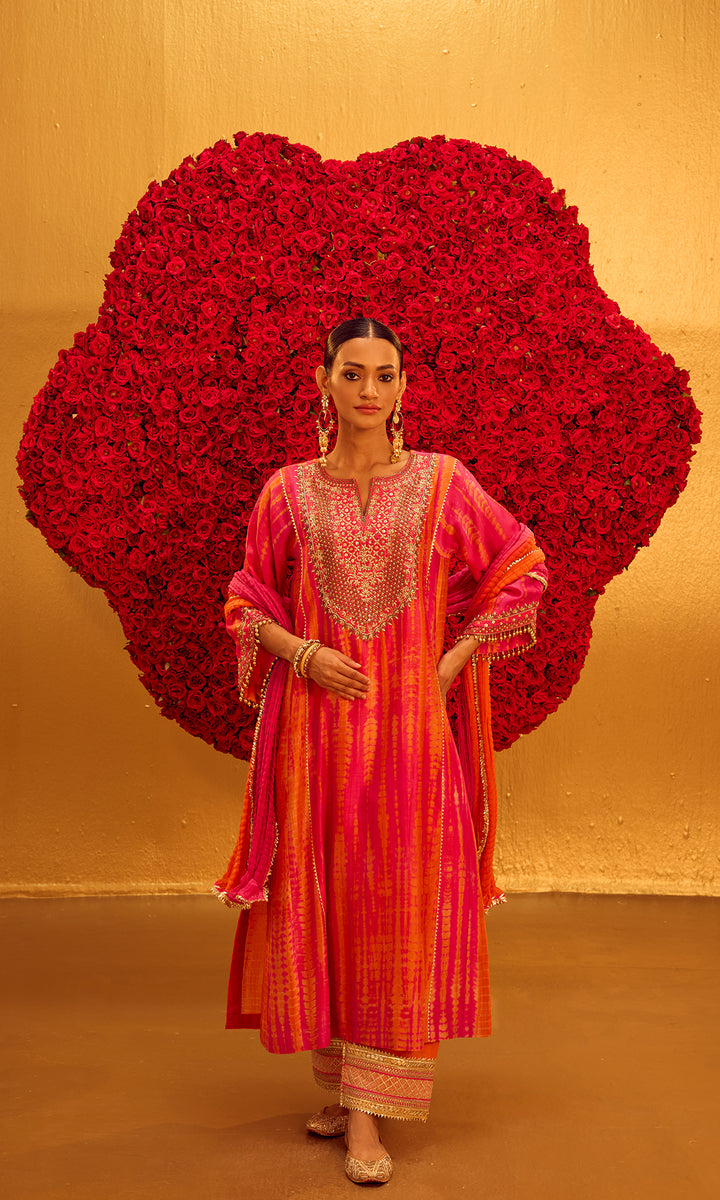 Yusra Set- Pink & Orange Chanderi Shibori Embroidered Kurta with Pants and Dupatta (set of 3)
