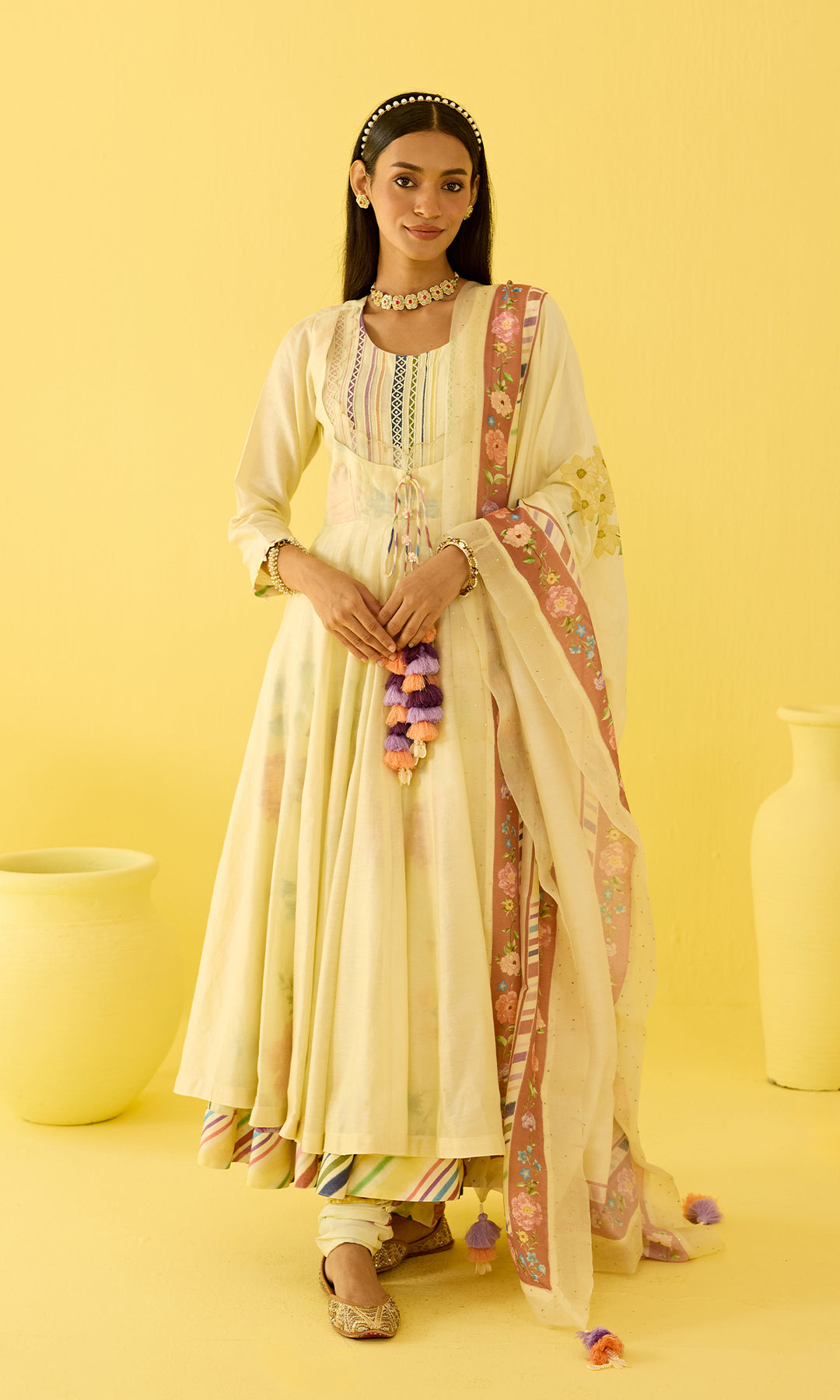 Parisa Set- Chanderi hand embroidered anarkali with printed churidar and dupatta (set of 3)