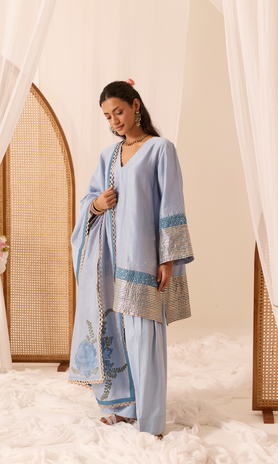 Mandara Set- Gota Kurta & Farshi with Block Printed Dupatta (set of 3)