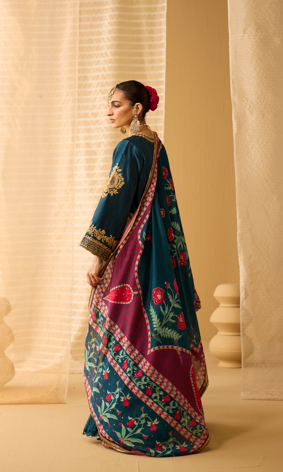 Parisa Set- Chanderi Embroidered Kurta with Sharara and Floral Dupatta (set of 3)