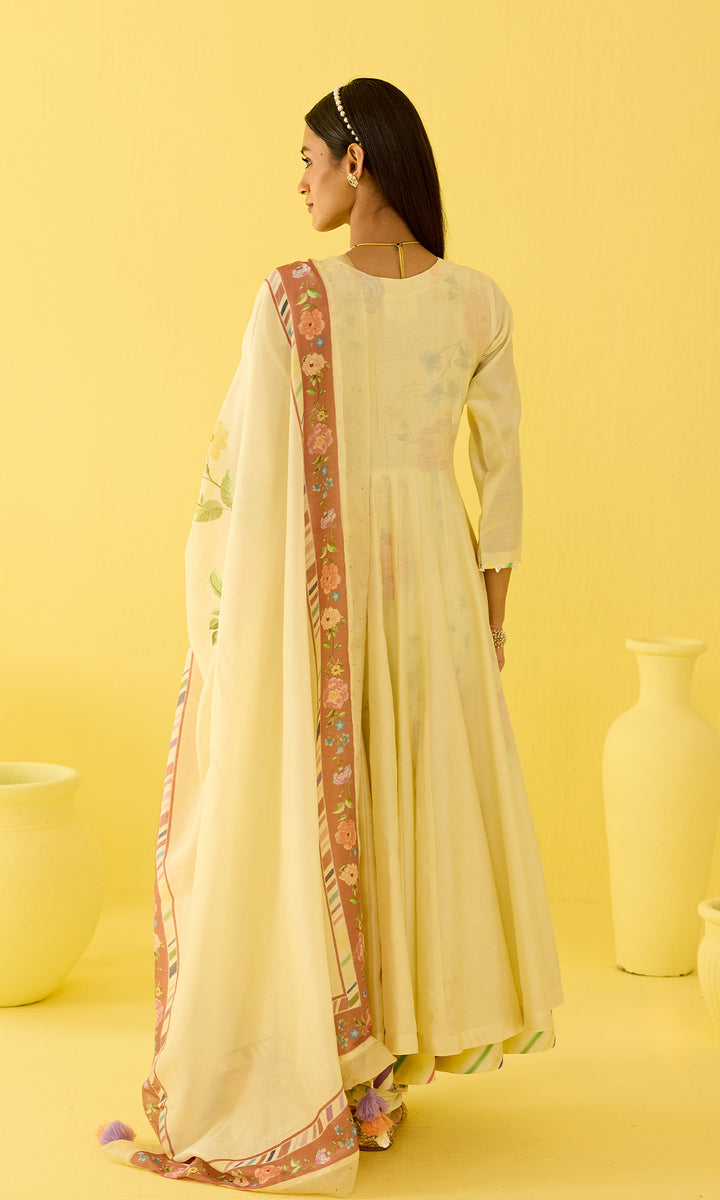 Parisa Set- Chanderi hand embroidered anarkali with printed churidar and dupatta (set of 3)