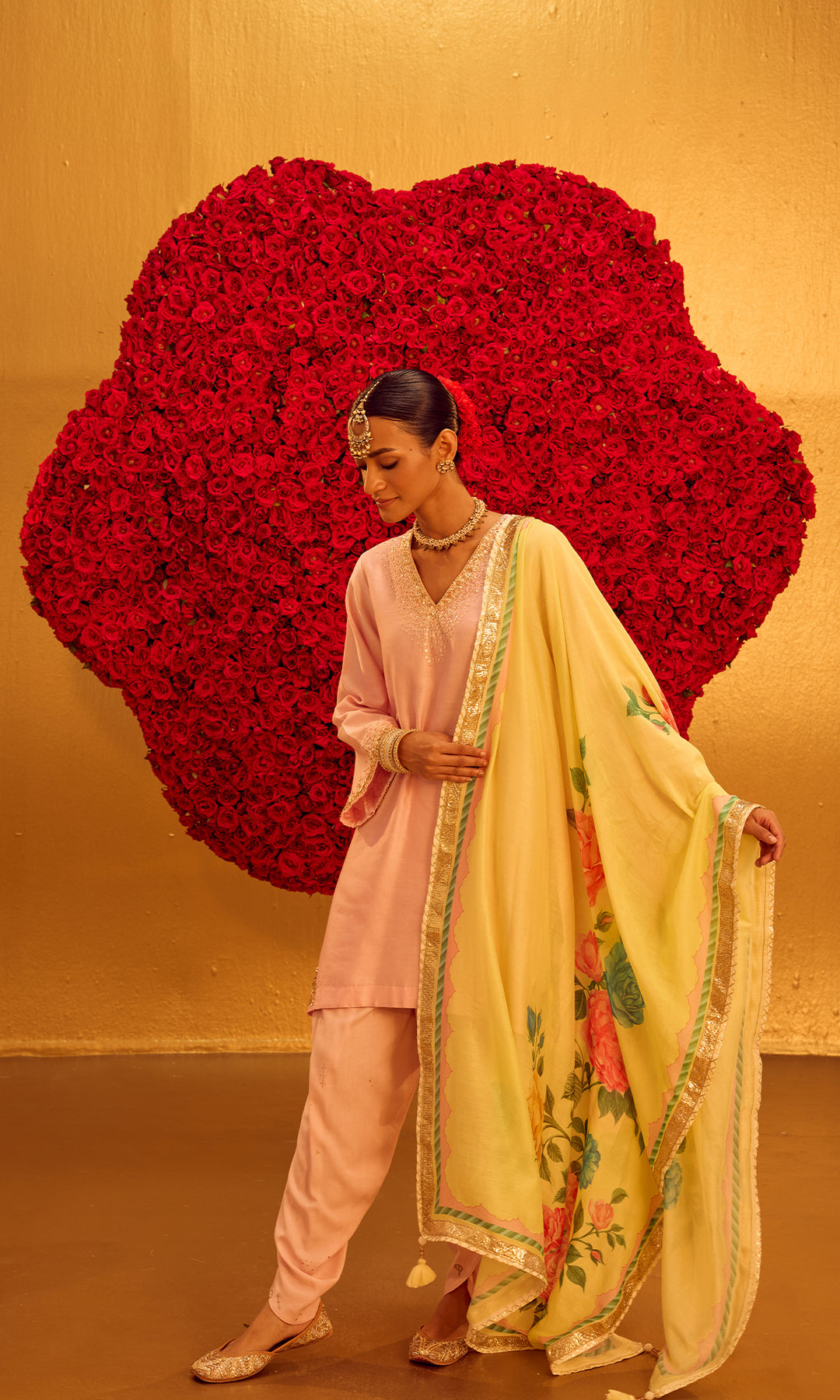 Zeenat Set- Pastel Pink & Lemon Chanderi Embroidered Kurta with Dhoti and Dupatta (set of 3)