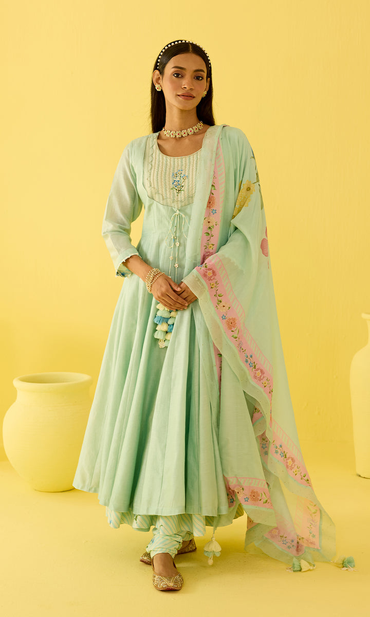 Parisa Set- Chanderi hand embroidered anarkali with printed churidar and dupatta (set of 3)