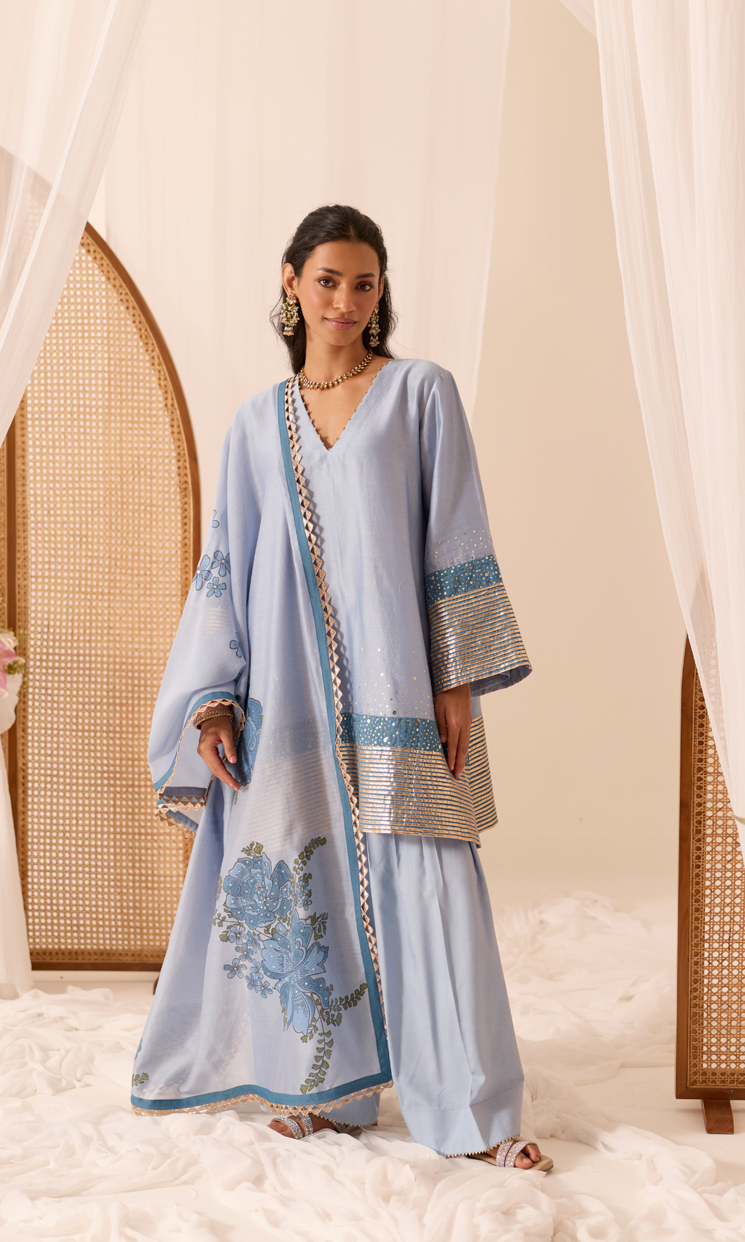 Mandara Set- Gota Kurta & Farshi with Block Printed Dupatta (set of 3)