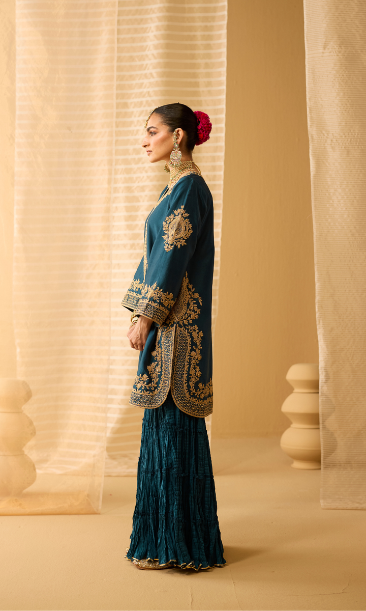 Parisa Set- Chanderi Embroidered Kurta with Sharara and Floral Dupatta (set of 3)