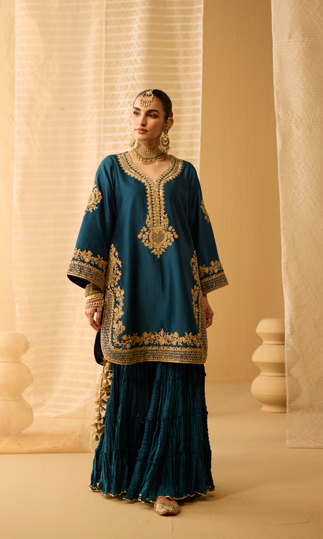 Mahira Set- Chanderi Embroidered Kurta with Sharara and Applique Dupatta (set of 3)