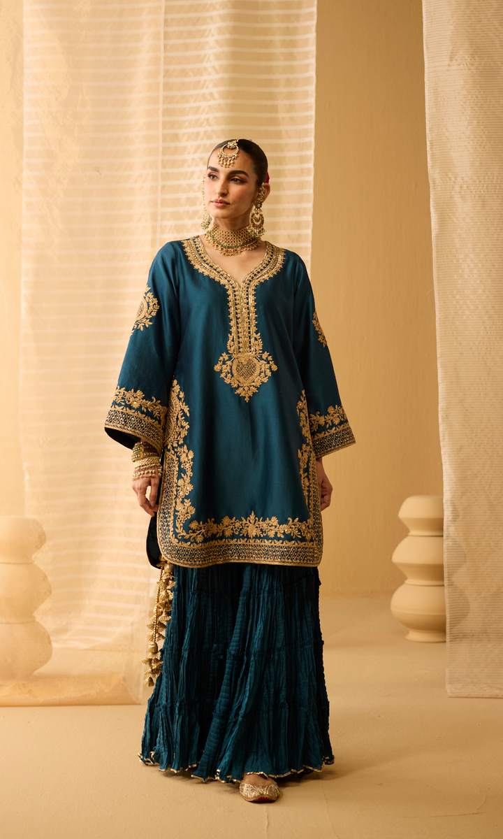 Parisa Set- Chanderi Embroidered Kurta with Sharara and Floral Dupatta (set of 3)