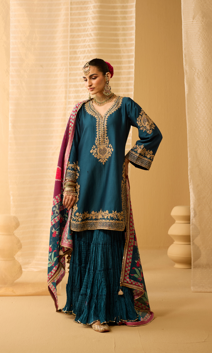 Parisa Set- Chanderi Embroidered Kurta with Sharara and Floral Dupatta (set of 3)