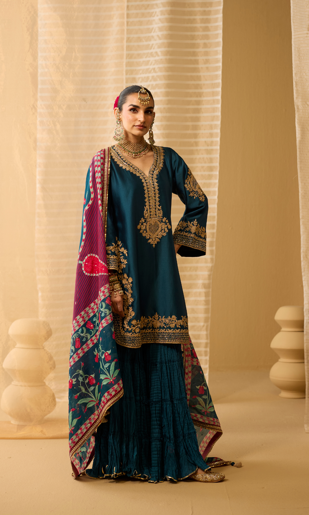 Parisa Set- Chanderi Embroidered Kurta with Sharara and Floral Dupatta (set of 3)