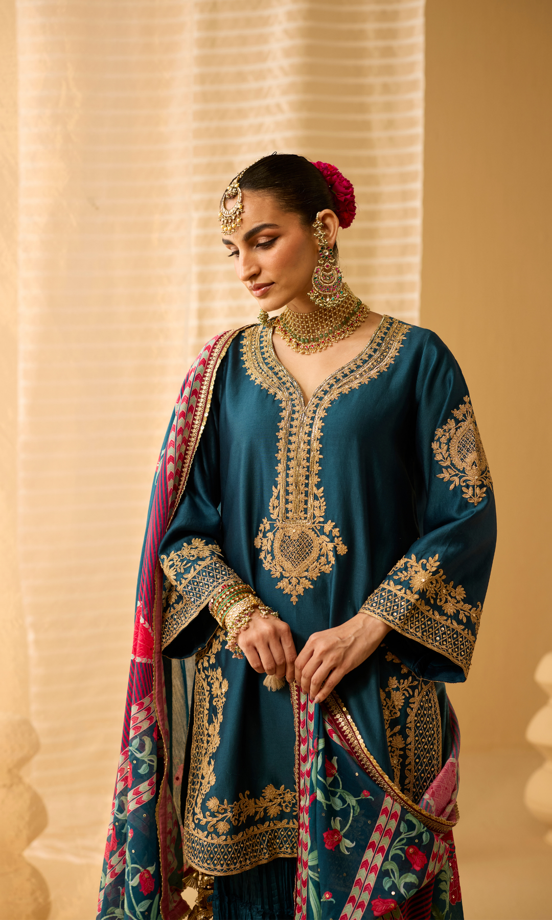 Parisa Set- Chanderi Embroidered Kurta with Sharara and Floral Dupatta (set of 3)