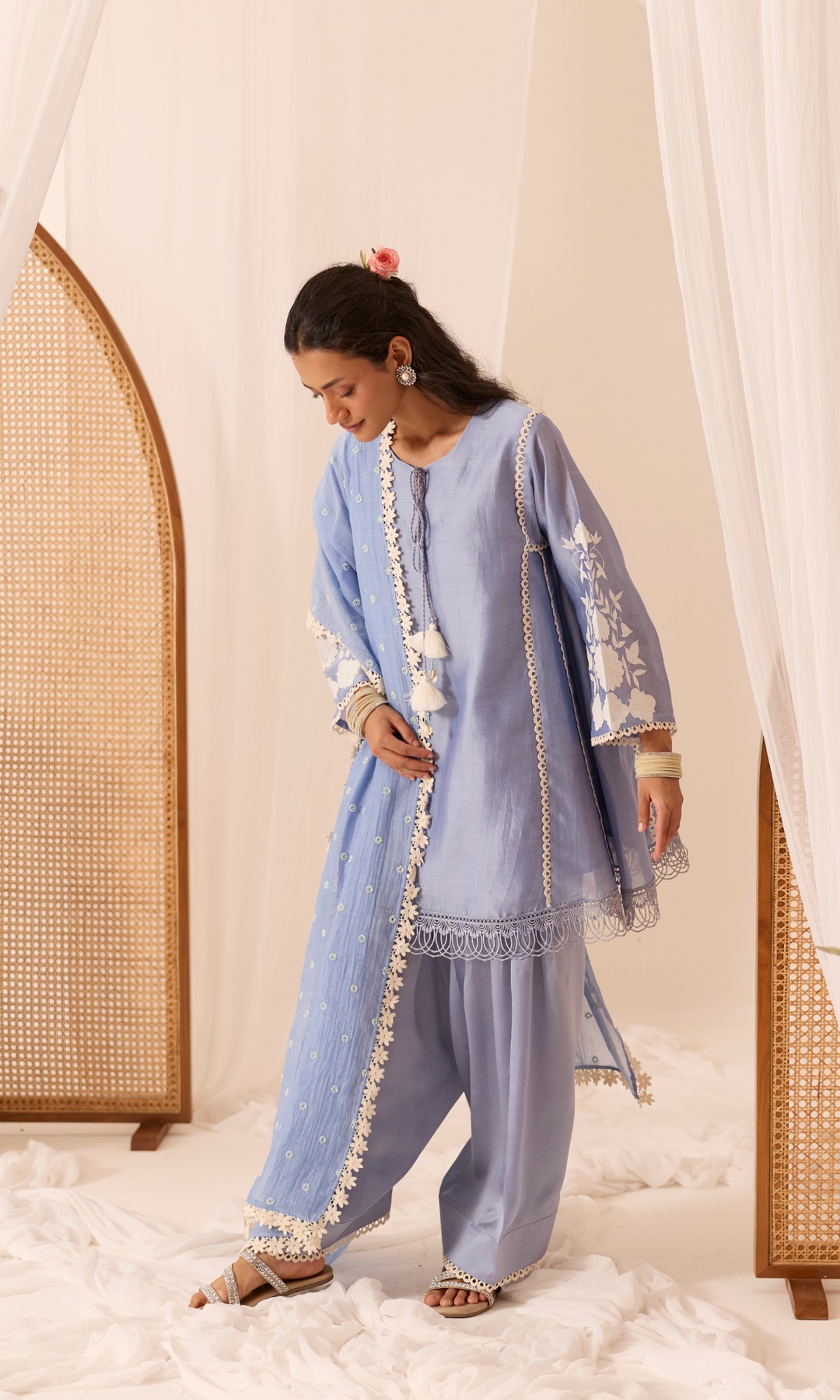 Aleena Set-Patchwork Chanderi Kurta & Farshi (set of 3)
