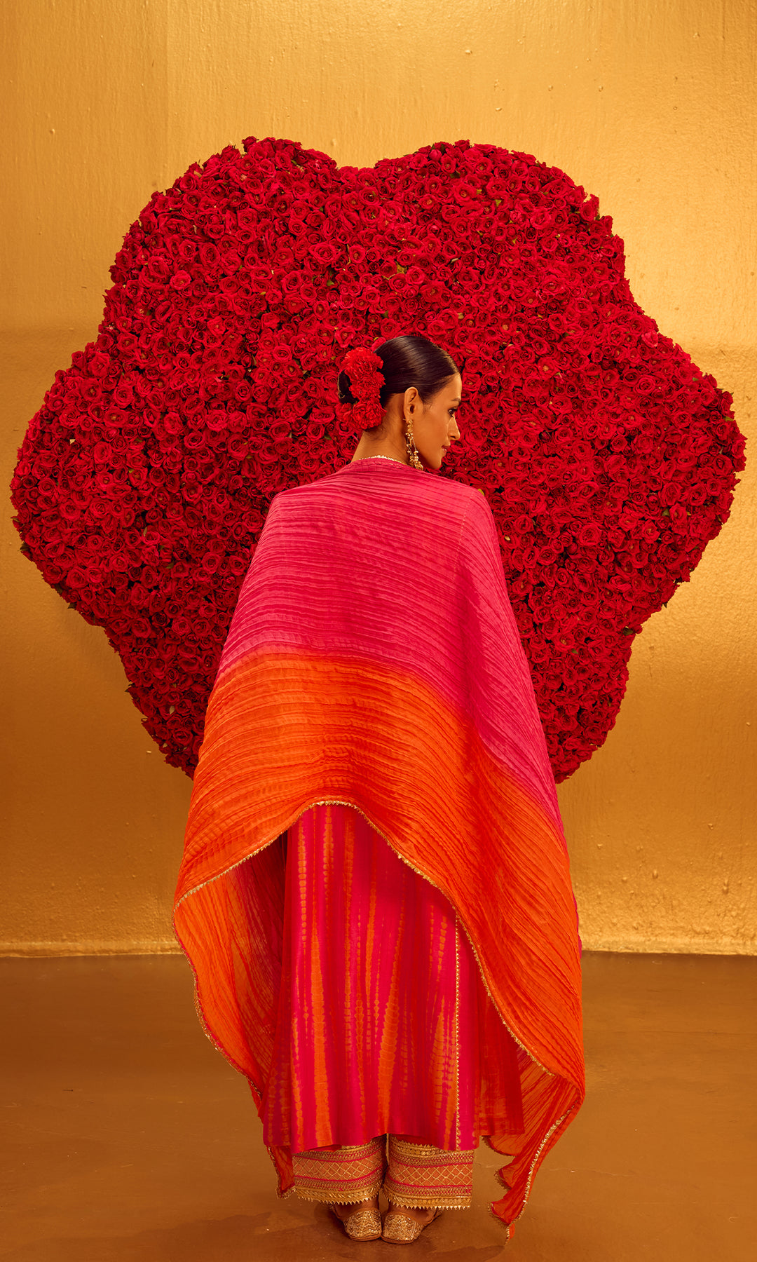 Yusra Set- Pink & Orange Chanderi Shibori Embroidered Kurta with Pants and Dupatta (set of 3)