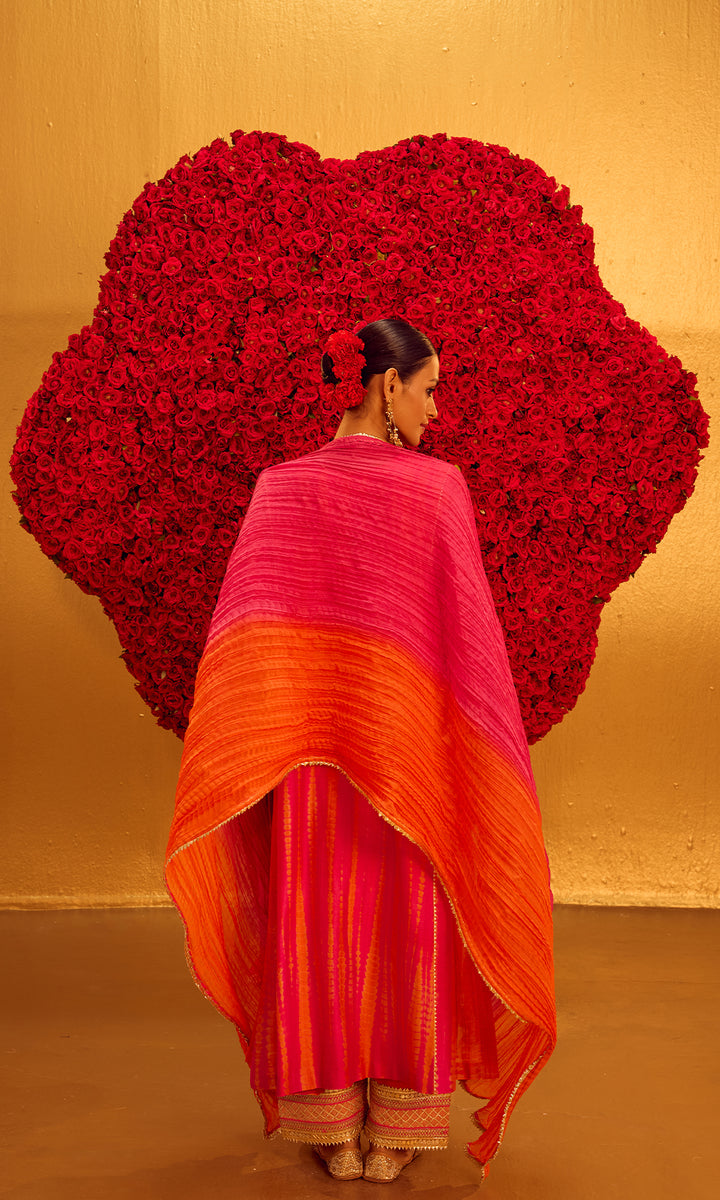 Yusra Set- Pink & Orange Chanderi Shibori Embroidered Kurta with Pants and Dupatta (set of 3)