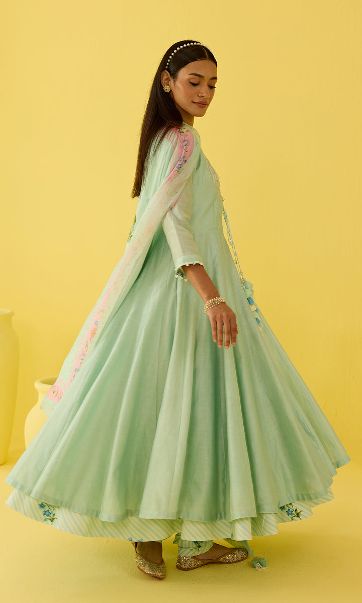 Parisa Set- Chanderi hand embroidered anarkali with printed churidar and dupatta (set of 3)