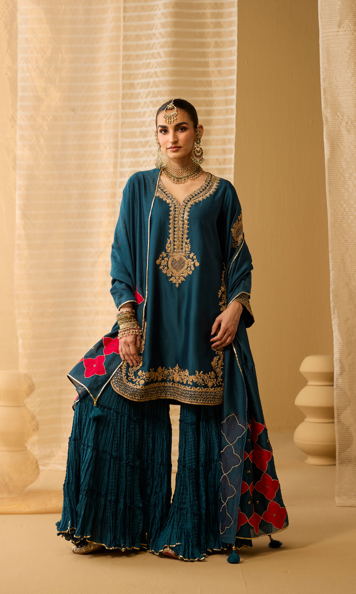 Mahira Set- Chanderi Embroidered Kurta with Sharara and Applique Dupatta (set of 3)