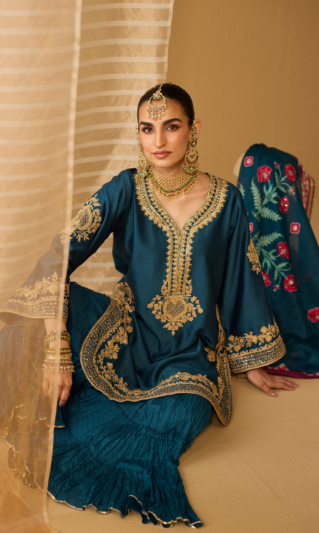 Parisa Set- Chanderi Embroidered Kurta with Sharara and Floral Dupatta (set of 3)