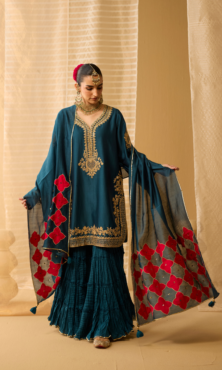 Mahira Set- Chanderi Embroidered Kurta with Sharara and Applique Dupatta (set of 3)