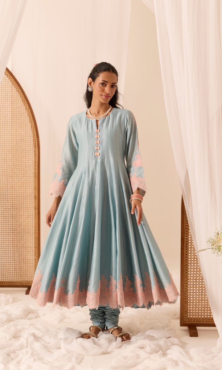 Mehr Set- Chanderi Patchwork Lace Floral Anarkali (set of 3)