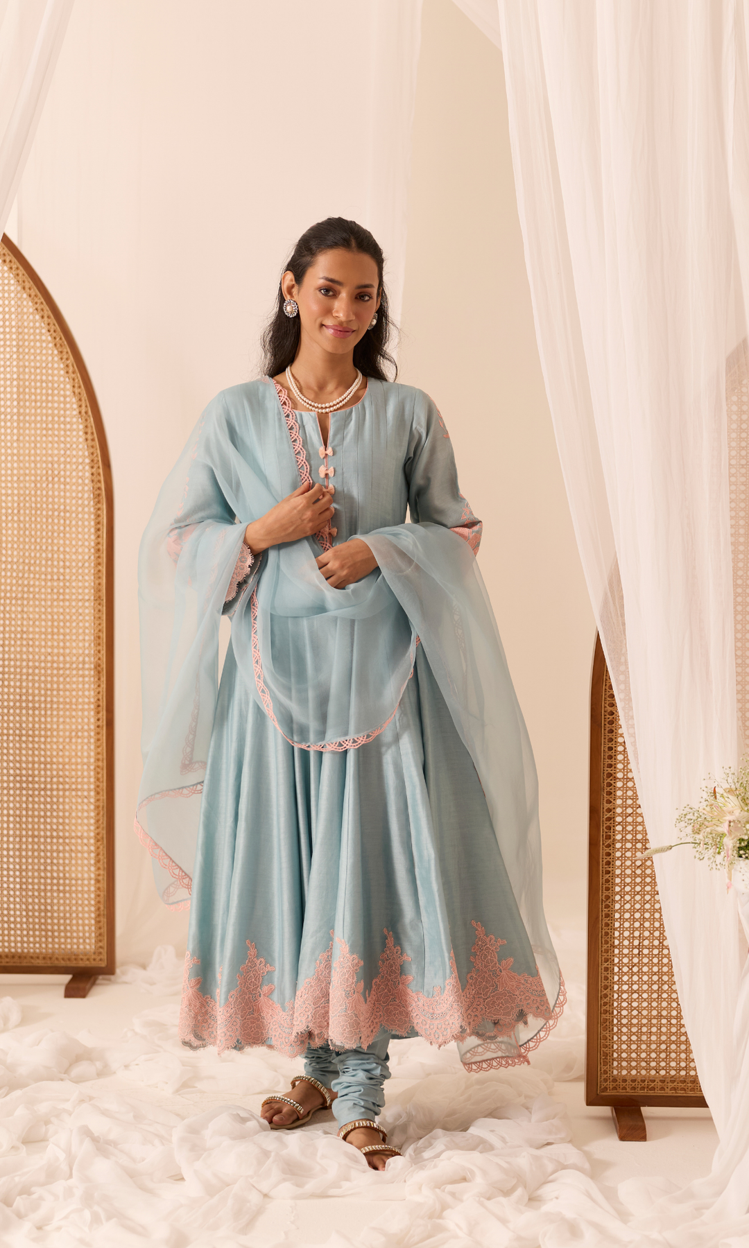 Mehr Set- Chanderi Patchwork Lace Floral Anarkali (set of 3)