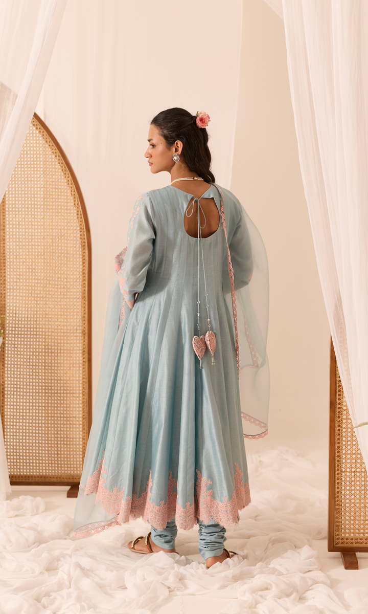 Mehr Set- Chanderi Patchwork Lace Floral Anarkali (set of 3)