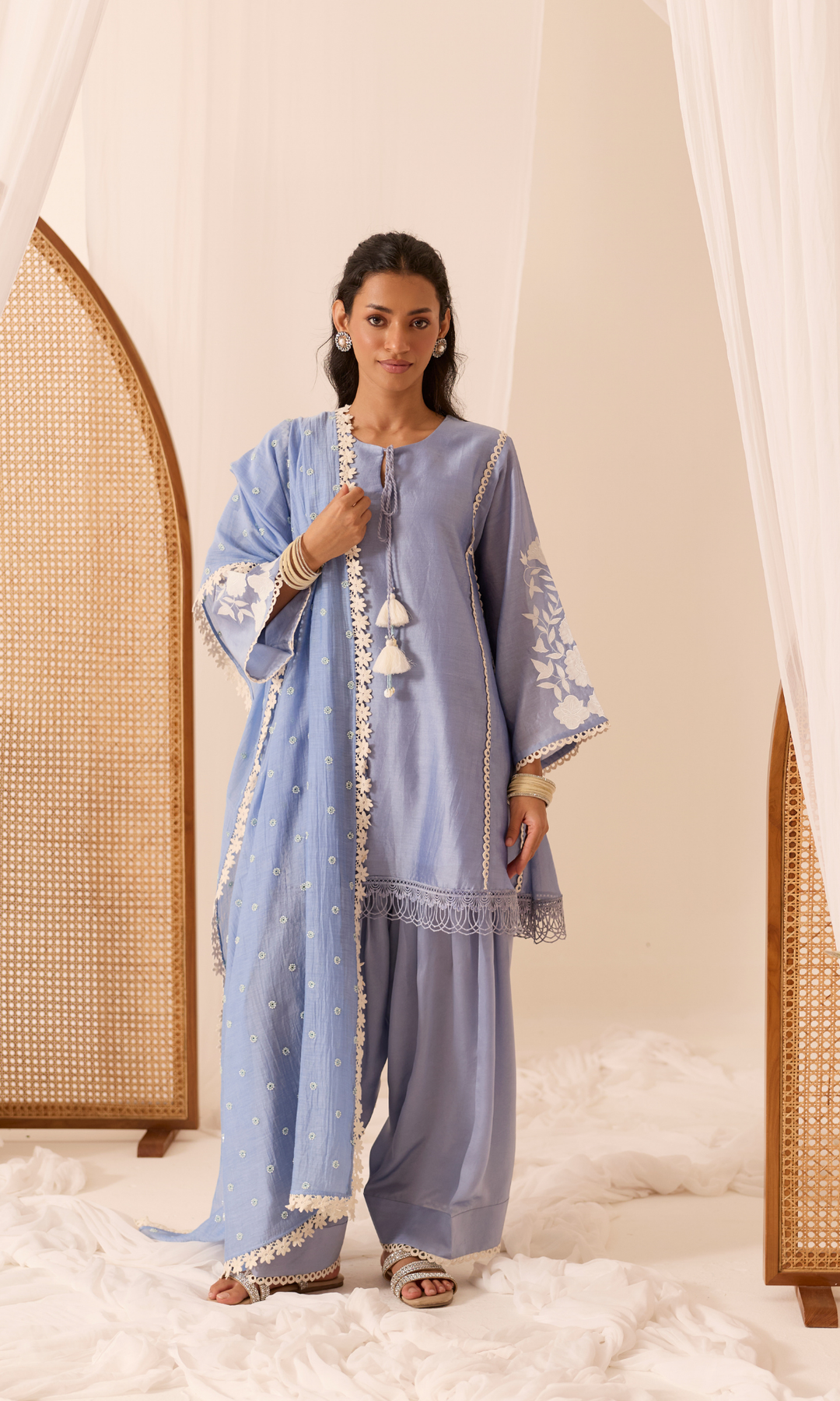Aleena Set-Patchwork Chanderi Kurta & Farshi (set of 3)