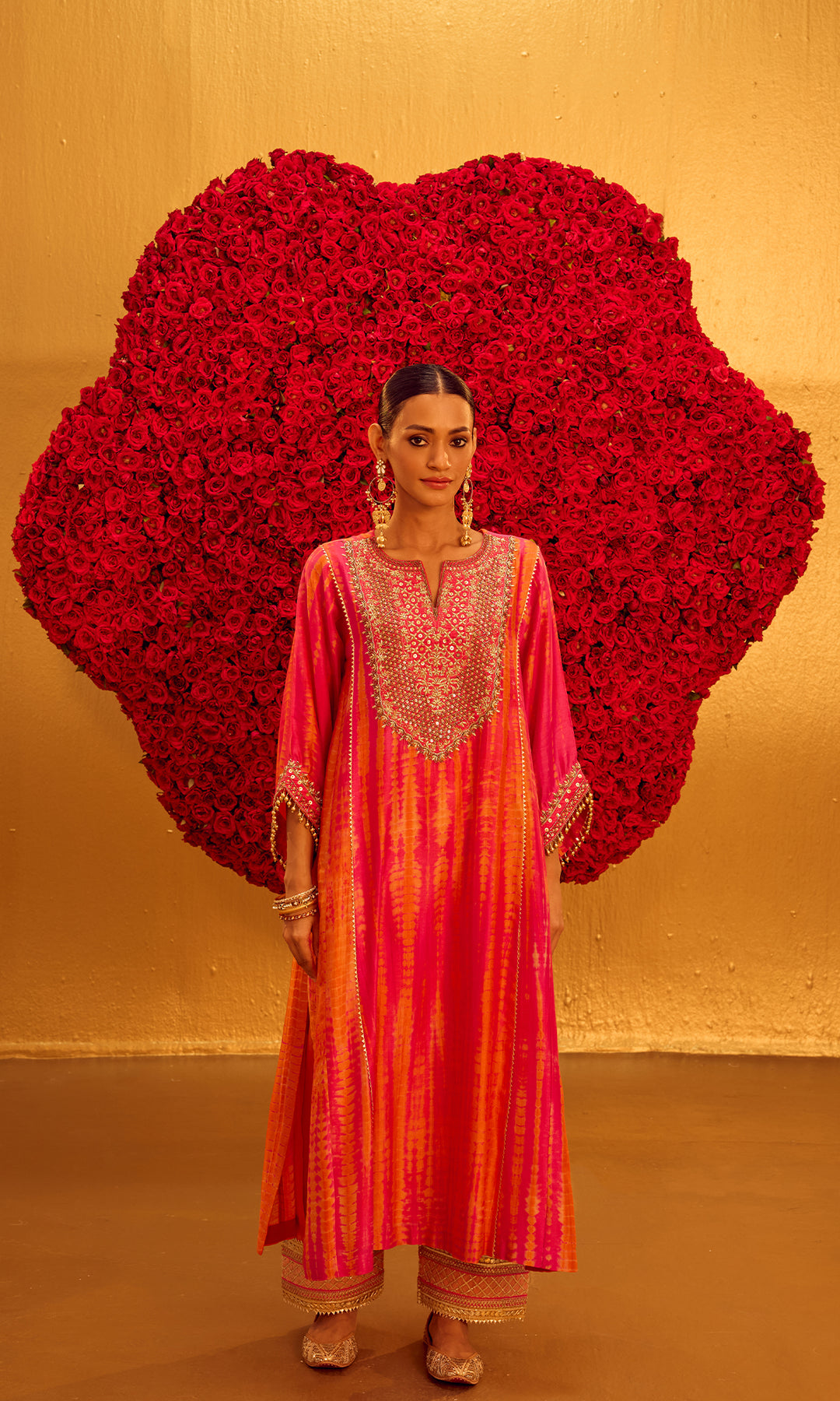 Yusra Set- Pink & Orange Chanderi Shibori Embroidered Kurta with Pants and Dupatta (set of 3)