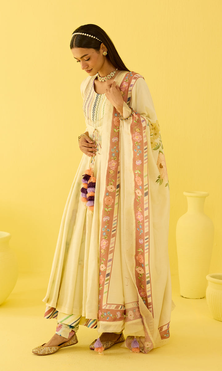 Parisa Set- Chanderi hand embroidered anarkali with printed churidar and dupatta (set of 3)