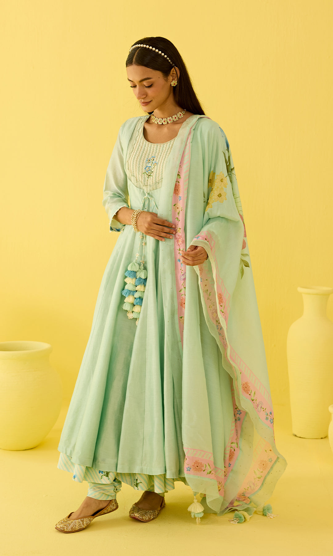 Parisa Set- Chanderi hand embroidered anarkali with printed churidar and dupatta (set of 3)
