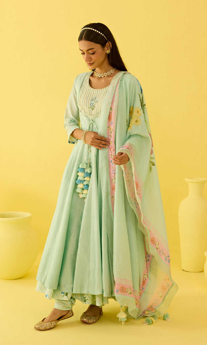 Parisa Set- Chanderi hand embroidered anarkali with printed churidar and dupatta (set of 3)