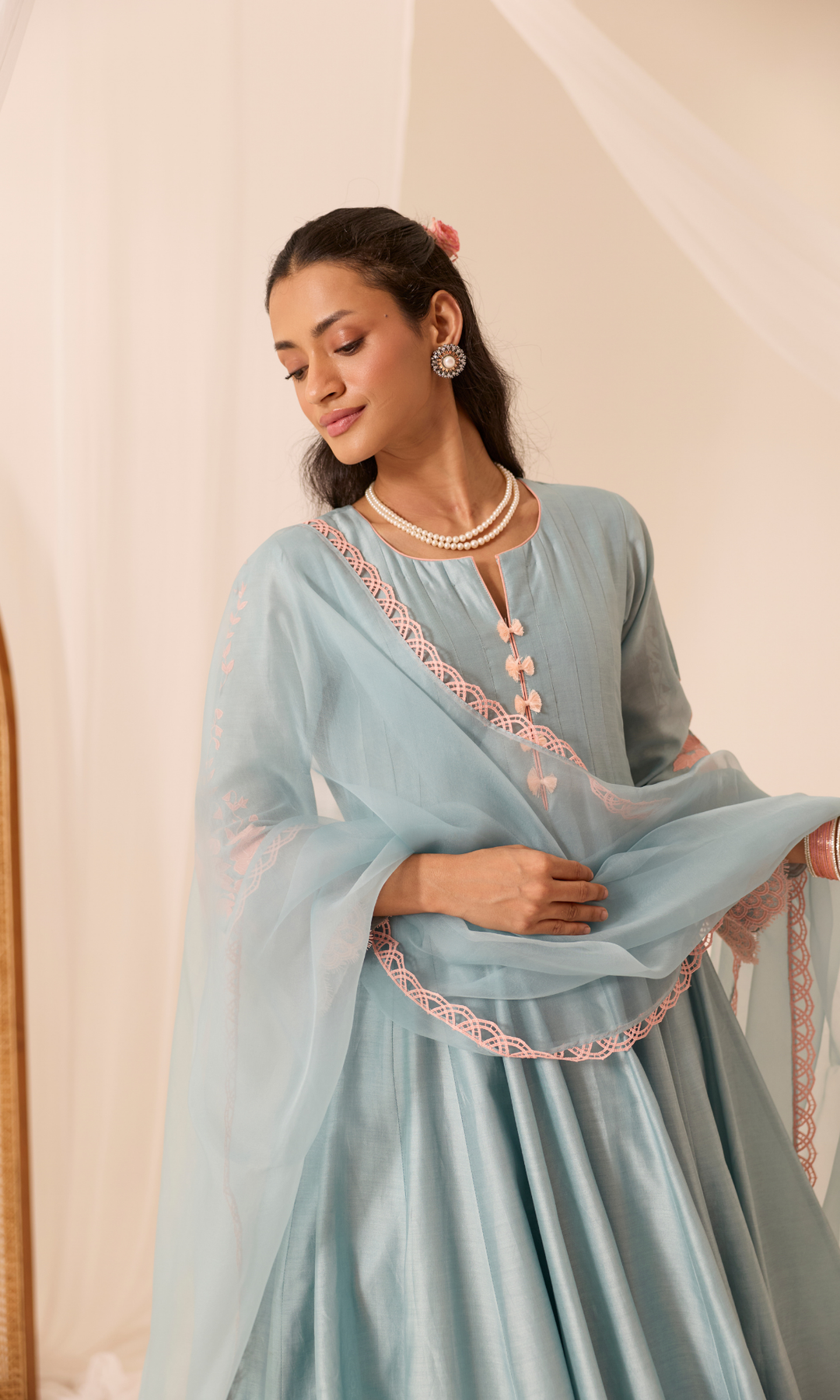 Mehr Set- Chanderi Patchwork Lace Floral Anarkali (set of 3)