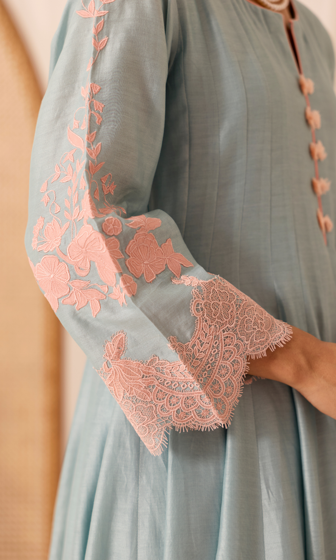 Mehr Set- Chanderi Patchwork Lace Floral Anarkali (set of 3)