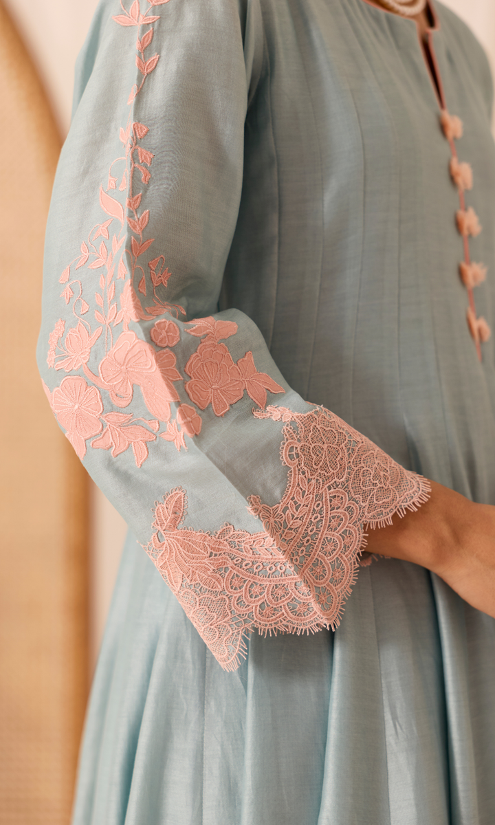 Mehr Set- Chanderi Patchwork Lace Floral Anarkali (set of 3)