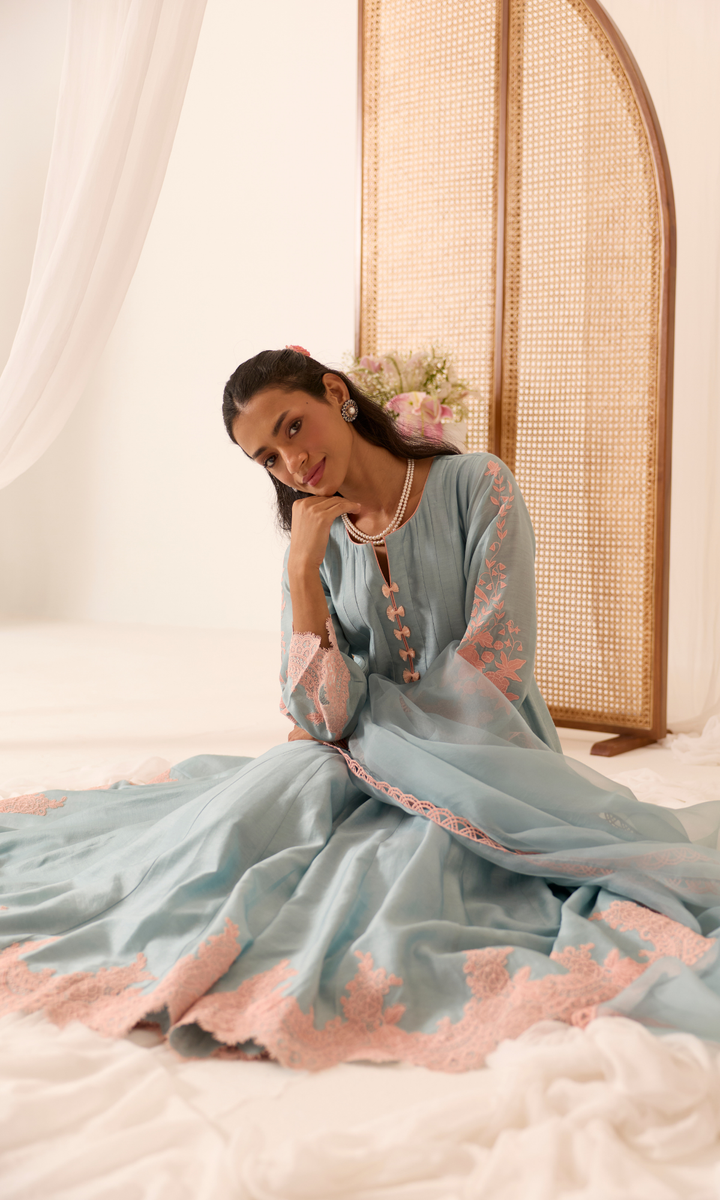 Mehr Set- Chanderi Patchwork Lace Floral Anarkali (set of 3)