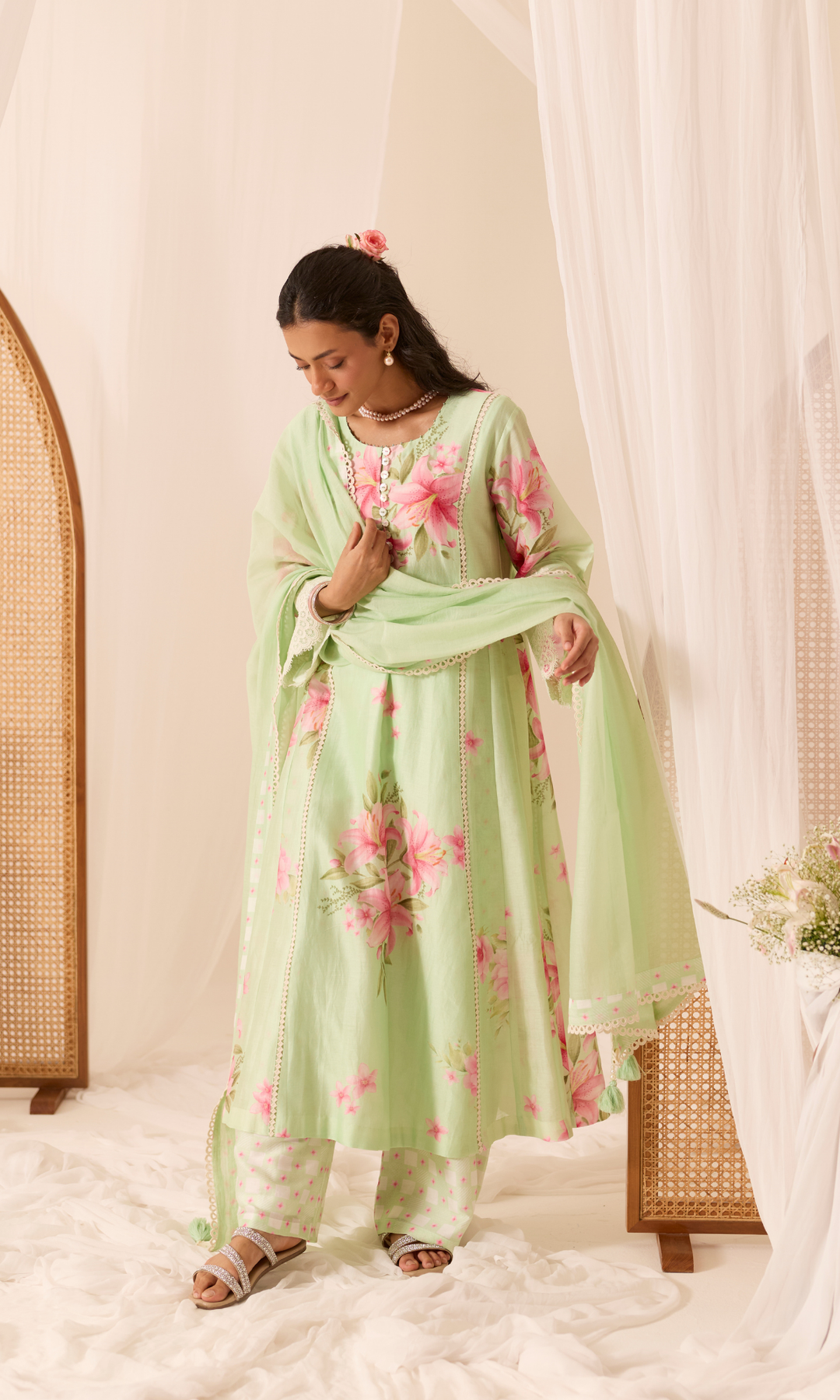 Ameera Set- Digitally Printed Chanderi Floral Kurta (set of 3)