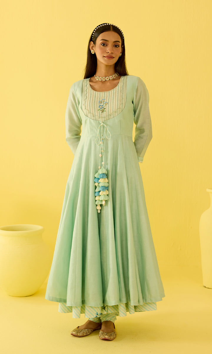 Parisa Set- Chanderi hand embroidered anarkali with printed churidar and dupatta (set of 3)
