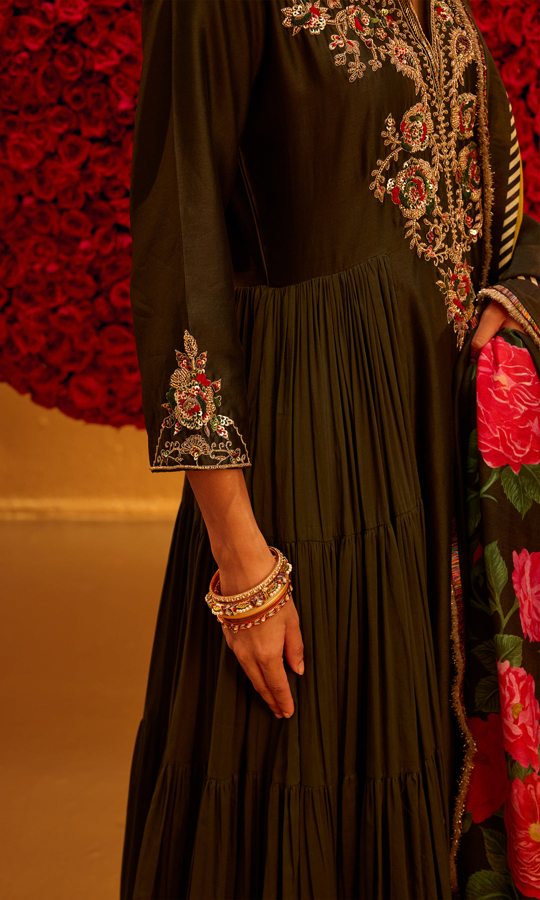 Rukhsar Set- Deep Green Chanderi & Mulmul Embroidered Anarkali with Churidar and Dupatta (set of 3)