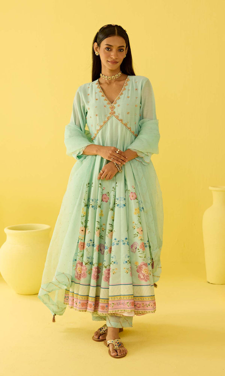 Sunehra Set- Pastel Chanderi embroidered and digitally printed anarkali with pants and Organza dupatta (set of 3)